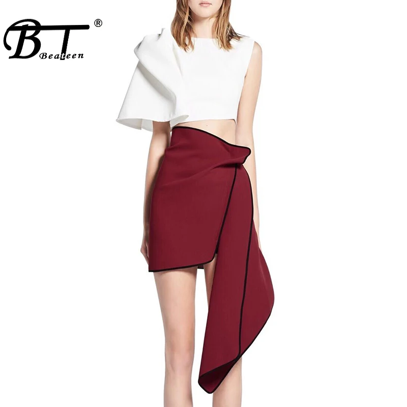 

Beateen 2019 New Two-piece Set White Cropped Bow Tie Detailing Top for Girls Ruched Asymmetrical Mini Skirt Stylish Women Sets