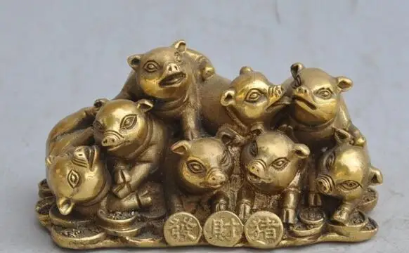 

S05952 Chinese bronze brass zodiac pigs animal wealth money lucky Auspicious statue discount 30% (C0324)