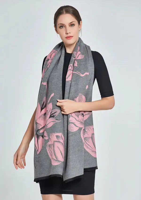 gray pink Роскошный шарф женский двусторонний кашемировые шали и шарфы утолщенный теплый шарф цветочный принт зимний женский шарф одеяло - Цвет: gray pink