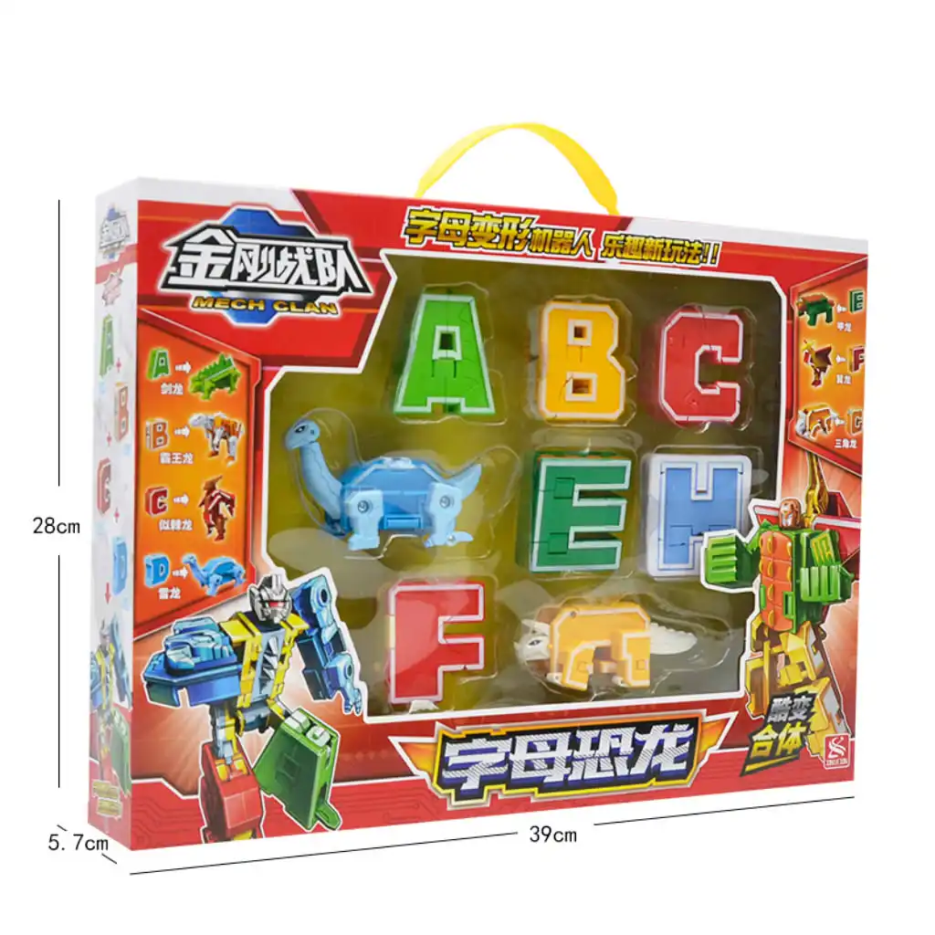 7 Pieces Dinosaur Alphabet Blocks Transform Robots Toy Playset Combinate to Big Robot Early Letter Educational for Kid Boys Gift