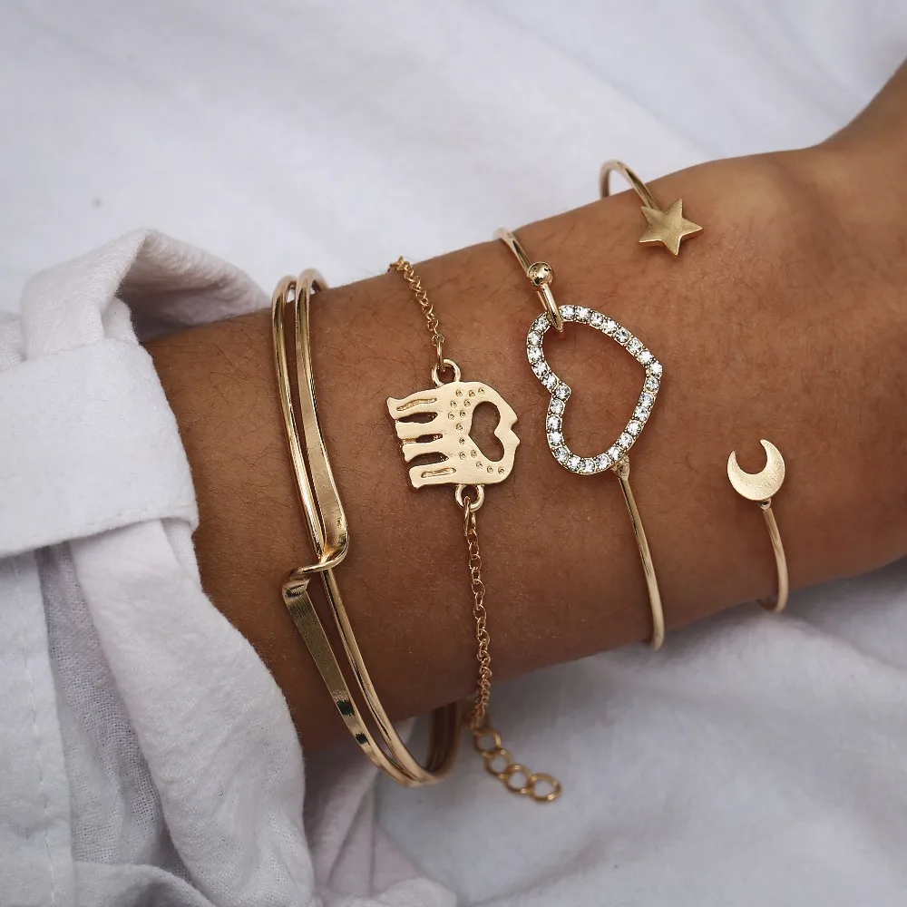 Vintage Gold Color Bracelets & Bangles 2019 For Women Bohemia Heart Moon Star Adjustable Bracelet Set Female Fashion Jewelry