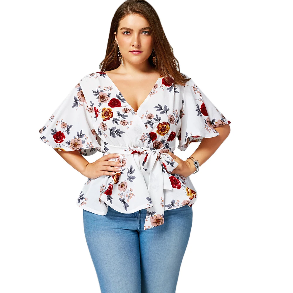 Wipalo Plus Size Floral Belted Surplice Peplum Blouses Shirts Women Blouses Sexy V Neck Flare