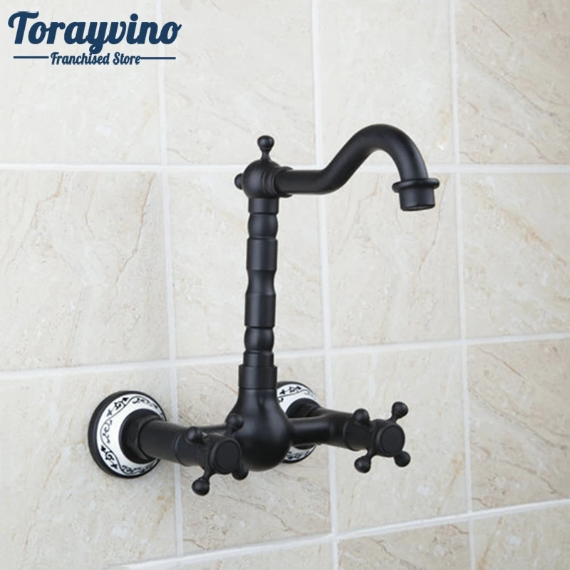 

Bathroom Vessel Vanity Wall Mounted Oil Rubbed Black Bronze Swivel Spout Bathtub Ceramic Handle Sink Faucet,Mixer Tap