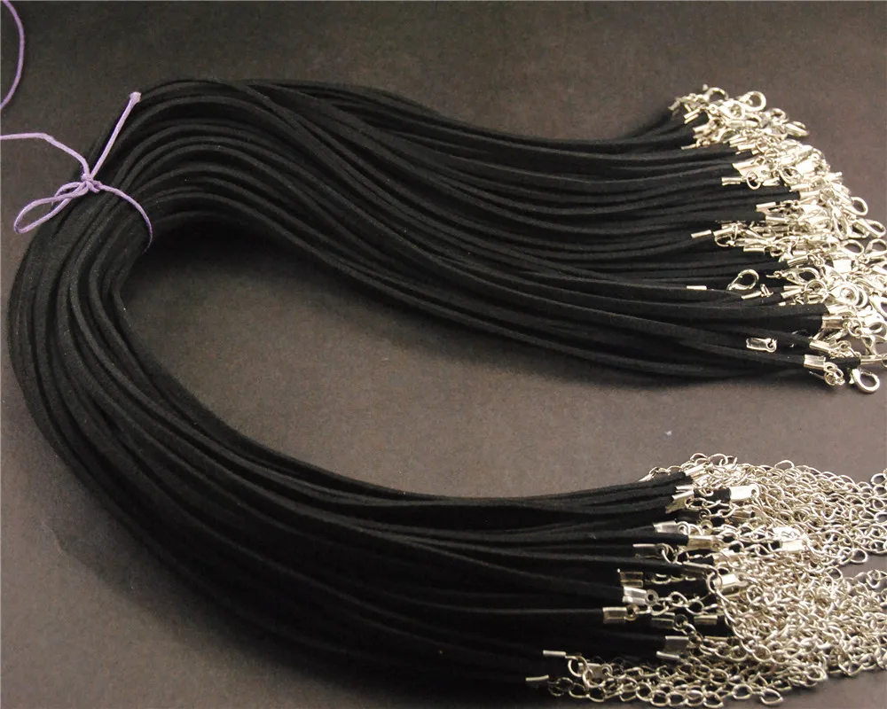 2 мм, черный шнурок из искусственной замши, кожаный кулон, подвеска, ожерелье, веревка с застежкой-лобстером, удлиняющая цепь, сделай сам, ювелирное изделие