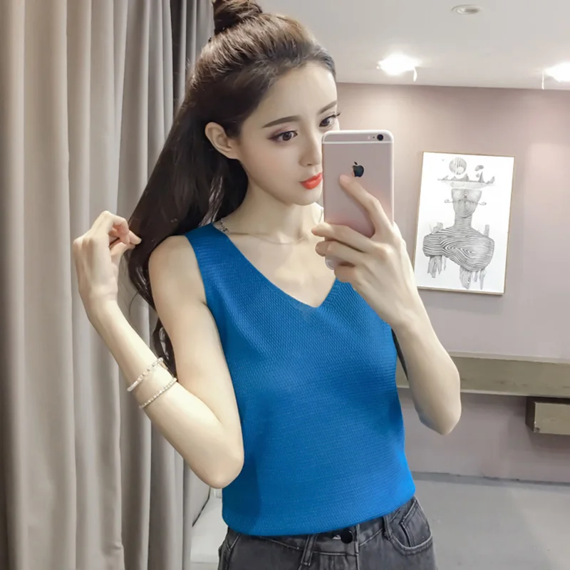 

Summer Sleeveless Knitted Sexy Tank Women Rib Vest Female Casual Large Size Camisole V Neck Feminino Split Tops 2019 New 6 Color