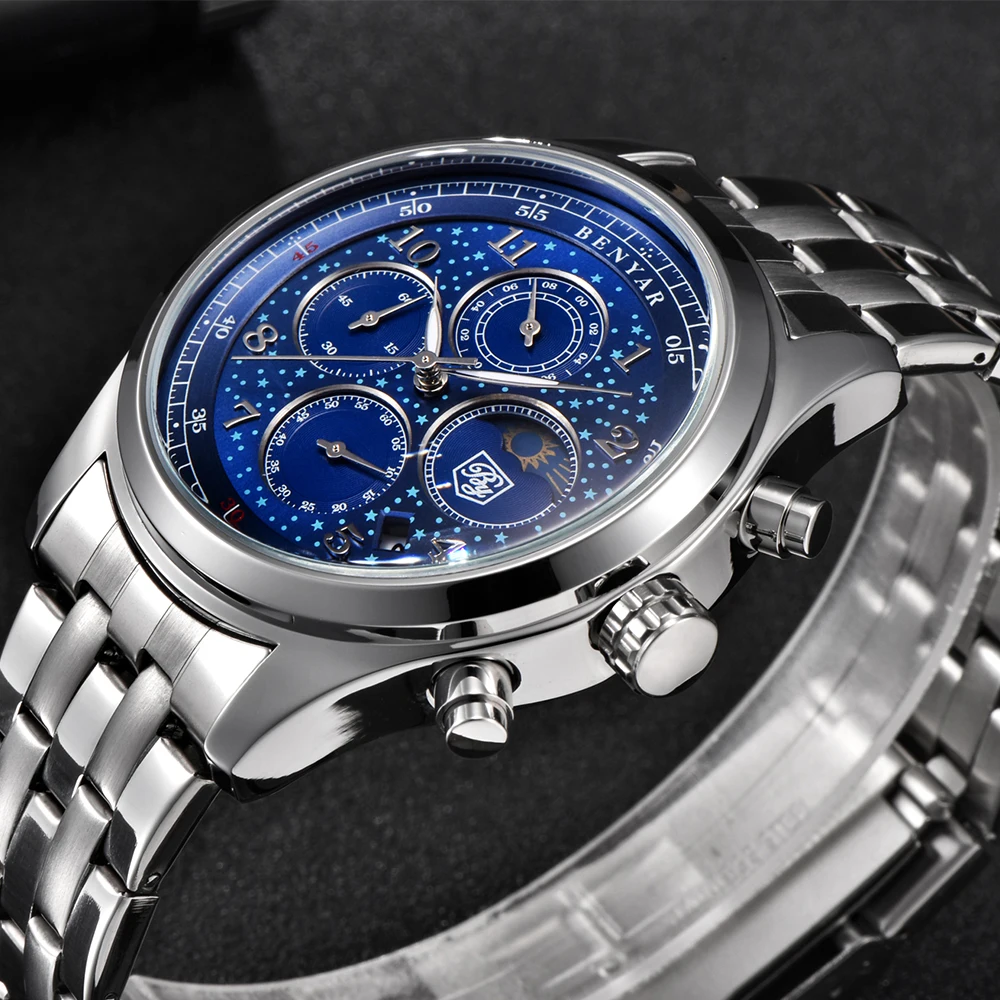 Новые Benyar мужские часы moon phase кварцевые роскошные полностью из нержавеющей стали