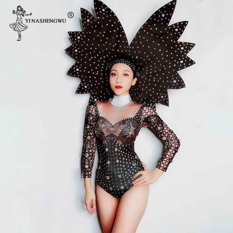 

Glisten Rhinestones Bodysuit With Headdress Women's Party Bar Outfits Show Stage Costumes Sexy Female Singer Nightclub Jumpsuit