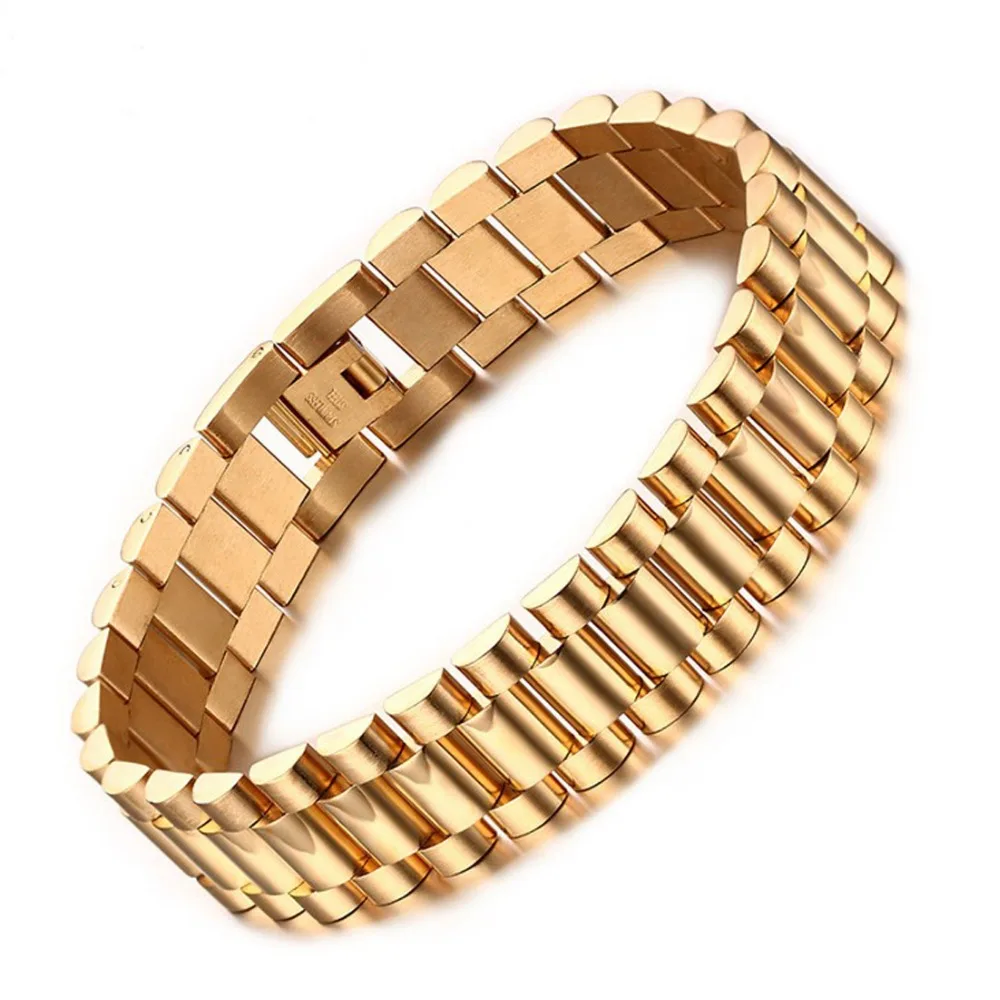 15mm Luxury Men Watch Band Bracelet Gold Tone Stainless Steel Strap
