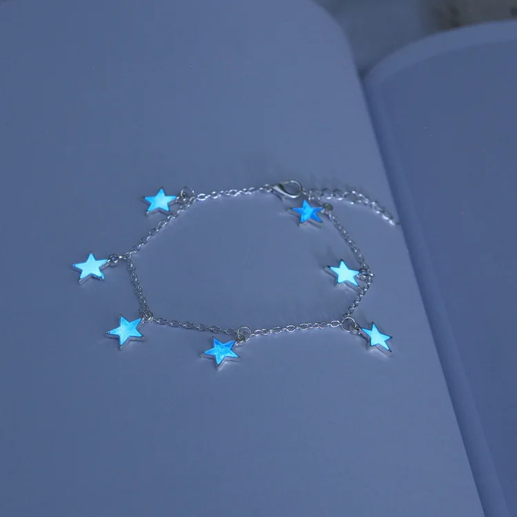 Luminous European and American Jewelry Ladies Beach Wind Blue Fluorescent Pentagonal Star Tassel Anklet