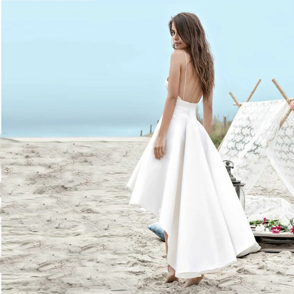 Sexy Spaghetti Straps Wedding Dresses V Neck High Low Open Back A