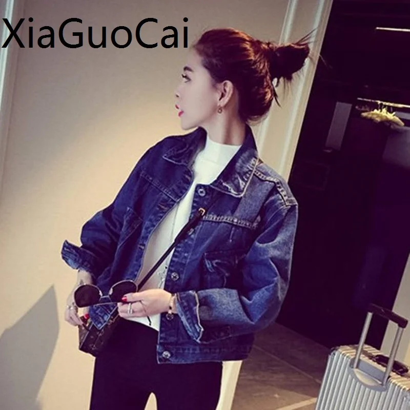 

Woman's Jackets Spring and Autumn Ladies Short Loose Denim Coats Turn Down Collar Sulid Long Sleeve Outwear for Female