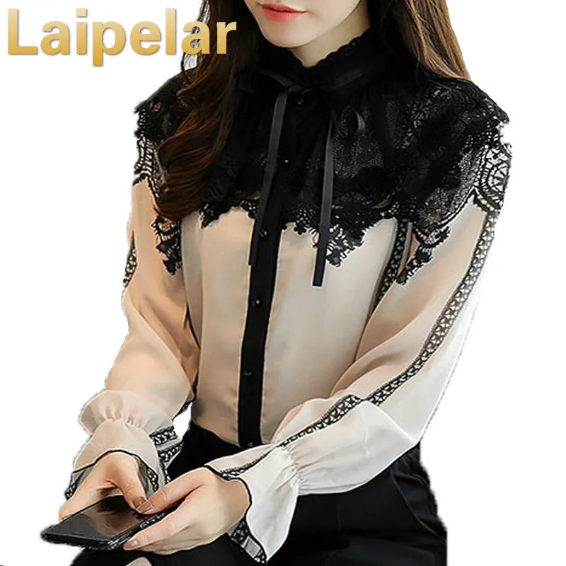 

Laipelar 2018 new women tops fashion long sleeved blouses stand chiffon lace patchwork shirts office lady flare sleeve blouses