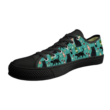 

Customized Casual Lace Up Classic Canvas Shoes Women Low-top Vulcanize Shoes Cartoon Black Cat Pattern Youth Girl Walking Shoes