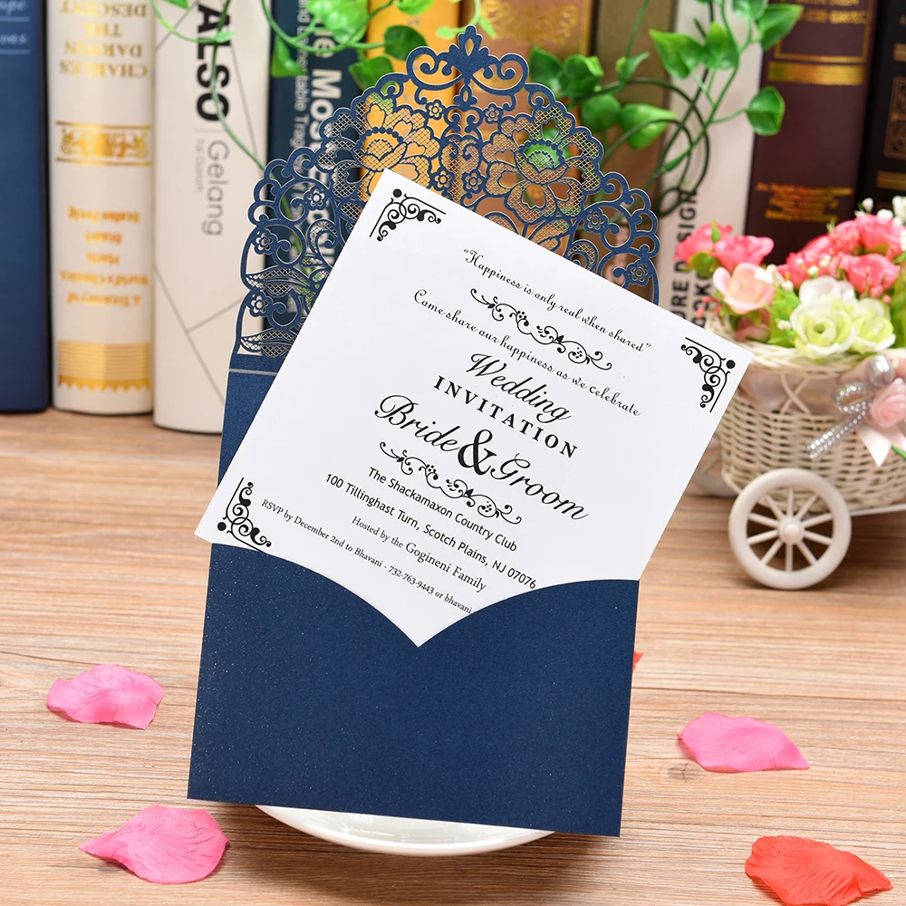  5 PCS Laser Cut Wedding Invitations Cards Blank Luxury Lace Flower Pattern Invite Card for Marriage - 4.00003E+12