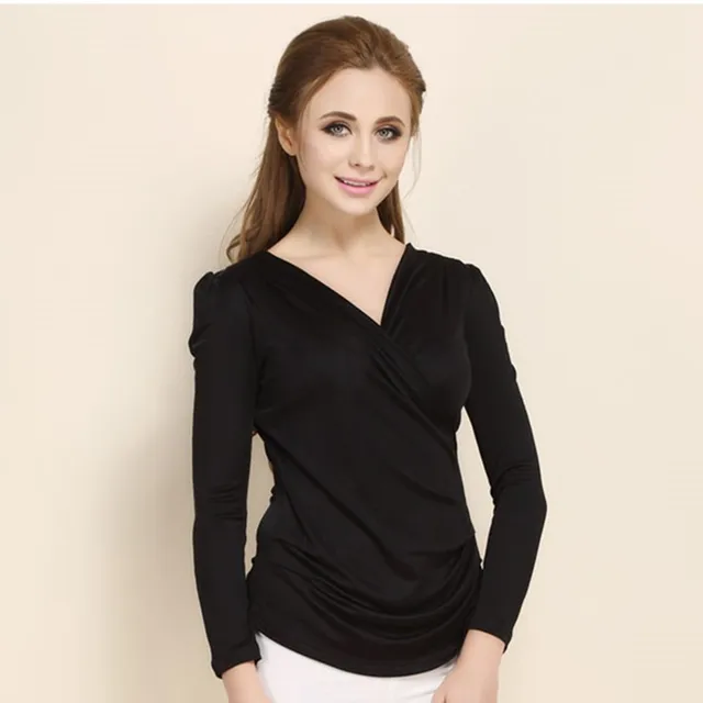 Women's T Shirt 100% Silk Knit Long Sleeve Overlapping V Neck Top Size ...