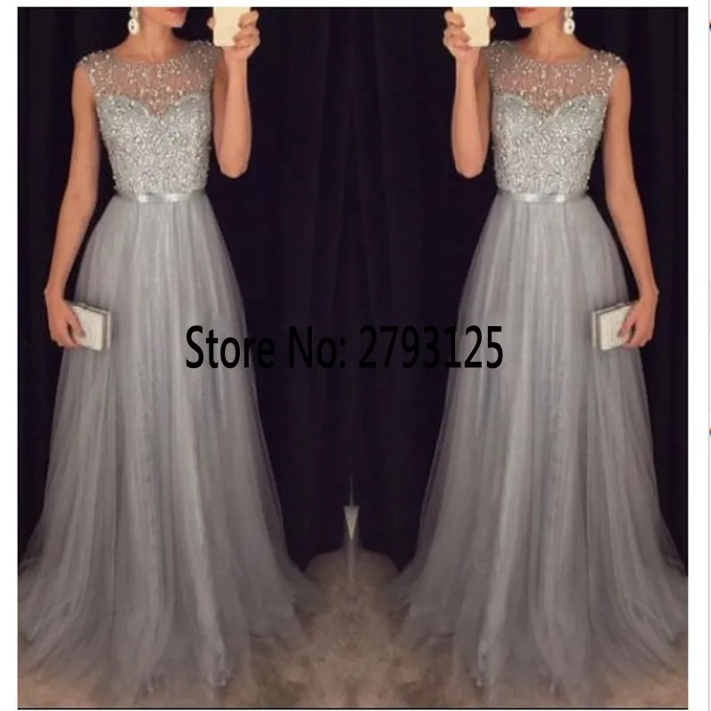 

Beautiful Gray Vestido De Festa New Arrival 2019 Long Women Party Sleeveless Robe De Soiree Tulle Evening Dresses