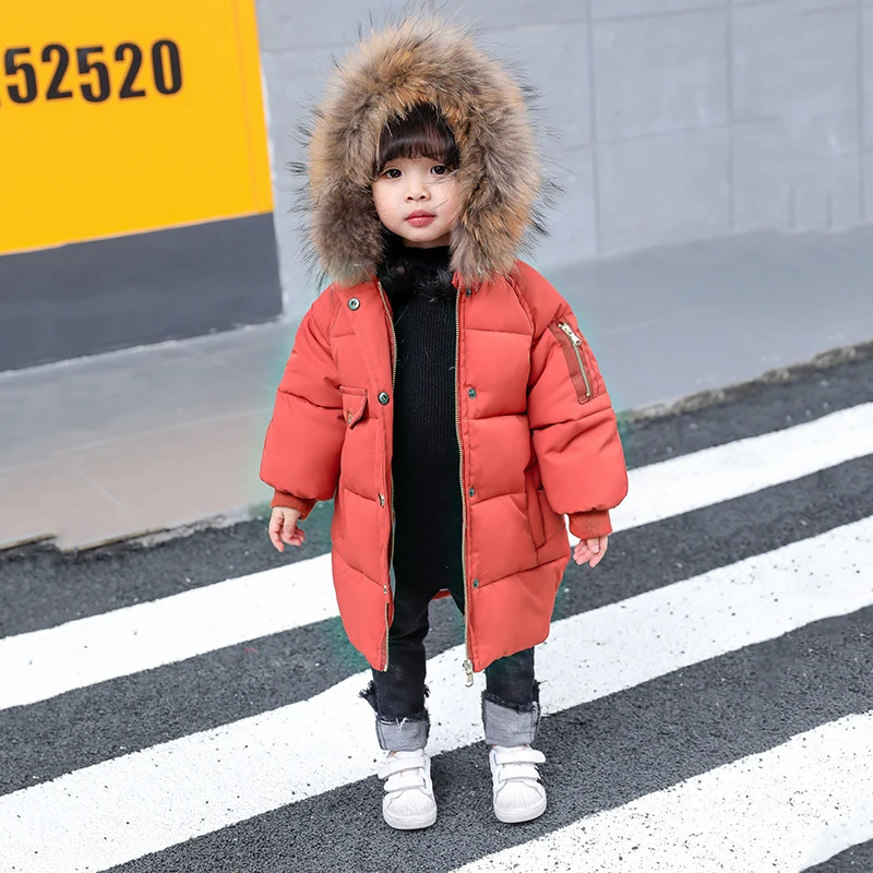 

Thick Warm Toddler Girls Winer Coat Down Cotton Padded Raccoon Fur Collar Kids Outwear Jacket Snow Wear Hooded Children Parkas