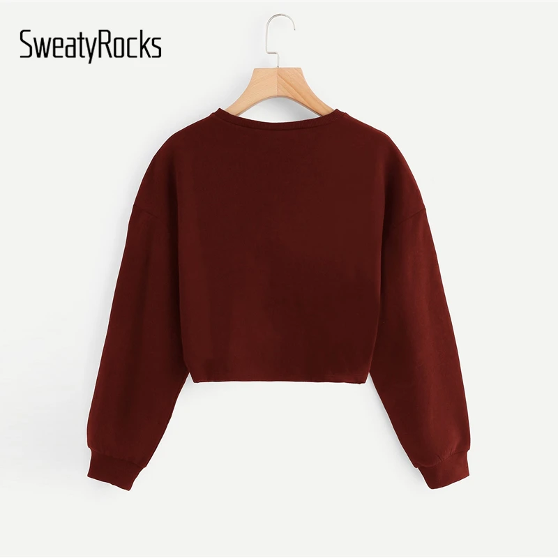 SweatyRocks عنابي تويست التفاصيل مطرز الديكور البلوز طويلة الأكمام المحاصيل البلوفرات قمم 2018 الخريف النساء بلوزات SweatyRocks عنابي تويست التفاصيل مطرز الديكور البلوز طويلة الأكمام المحاصيل البلوفرات قمم 2018 الخريف النساء بلوزات