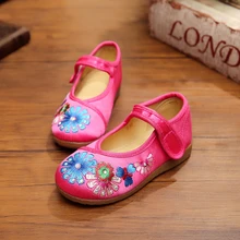 New chinese style fashion beautiful embroidery pink child canvas shoes dance flats shoes for children foot length 15-19cm