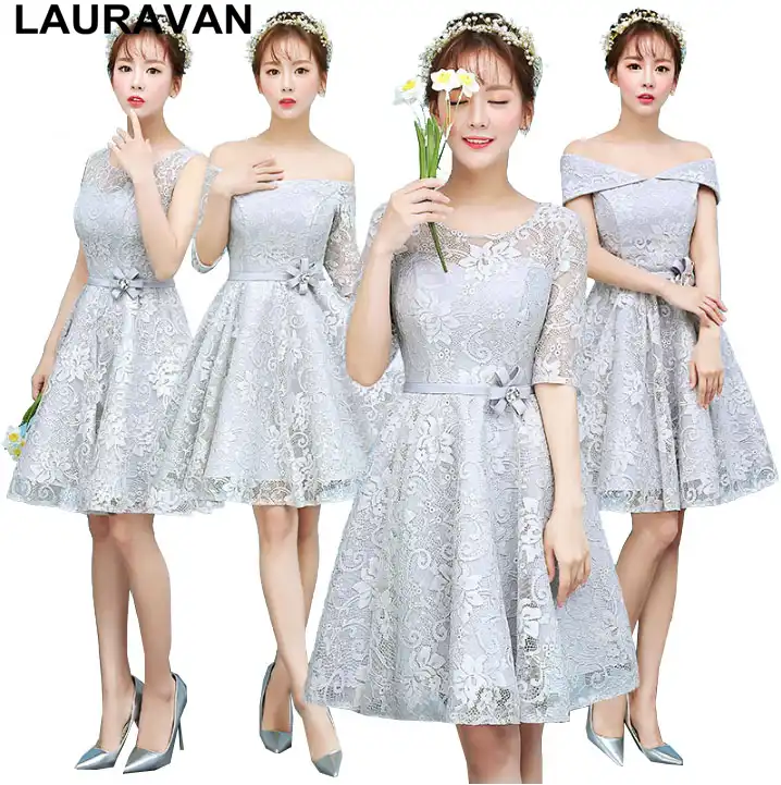 Romantic Short Gray Lace Elegant Sleeved Bridesmaid Dress