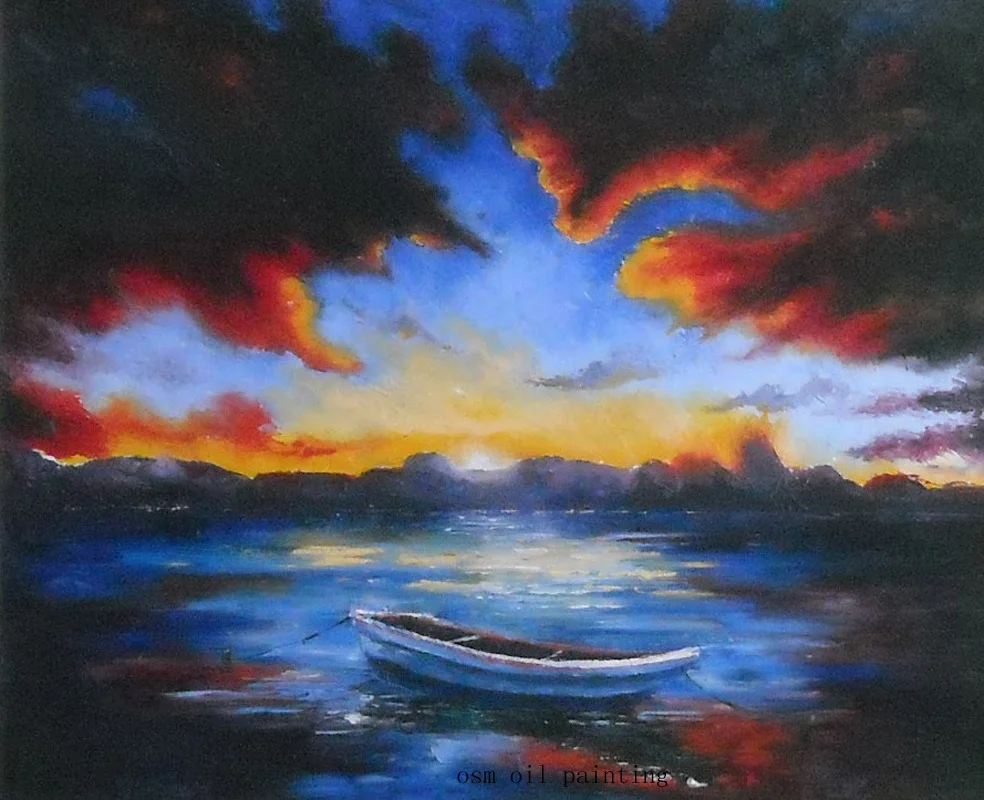 

Handmade Abstract Seascape Nightfall and the Boat in the Lake Oil Painting on Canvas Wall Pictures in Calligraphy for Decoration