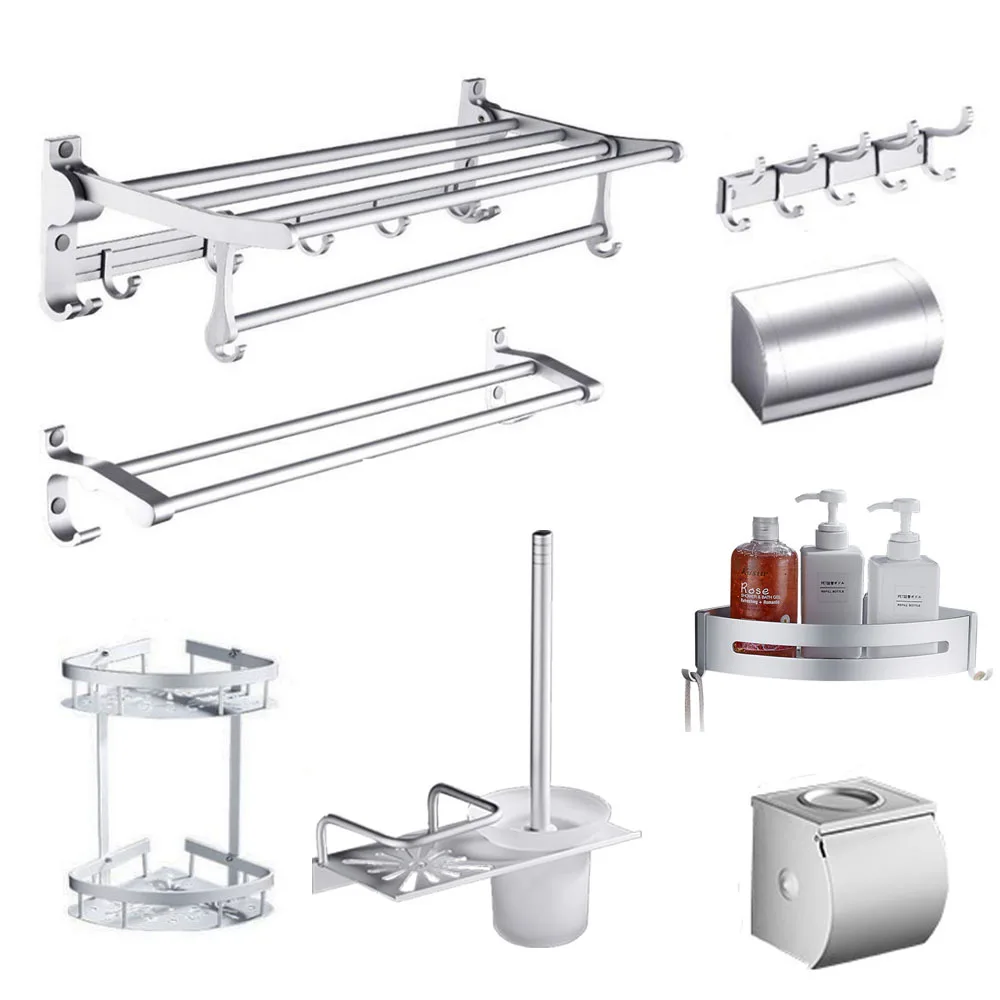 

Brief bathroom shelf towel ring space aluminum silver towel rack wall mounted folding towel rack bathroom hardware pendant set