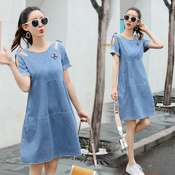 

Denim Dress Women 2018 Short Sleeve Korean Knee-length Off The Shoulder Women Dress Light Blue Office Lady Casual Dresses Women