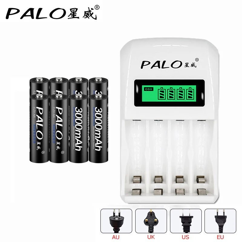 

Hot! PALO NC10 intelligent LCD display Indicator 4 Slots AA/AAA Battery Charger + 8pcs AA 3000mah NiMh Batteries Free shipping