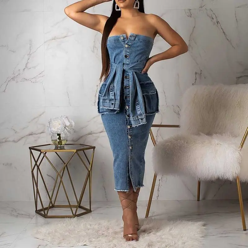 

Summer Sexy Club Punk Strapless Vintage Denim Blue Women Pencil Dresses Black Girls African Fashion Split Lace Up Female Dress