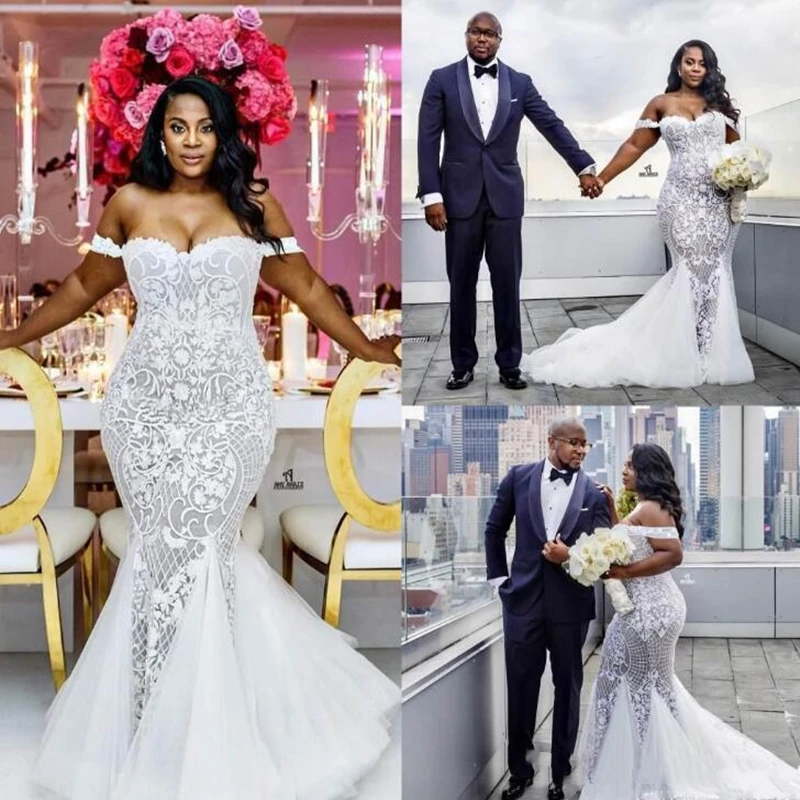 

Mermaid Wedding Dresses Modest Plus Size Off Shoulder Trumpet Bridal Gowns Sweep Train Tulle Lace African Vestidos De Novia
