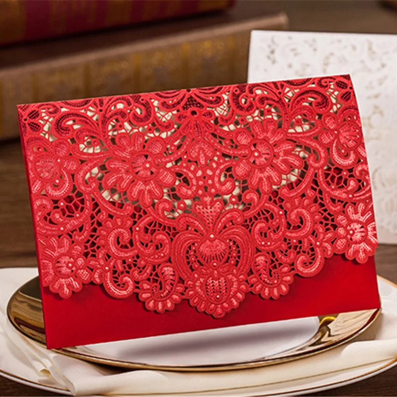 1pcs Sample Gold Red White Laser Cut Luxury Flora Wedding