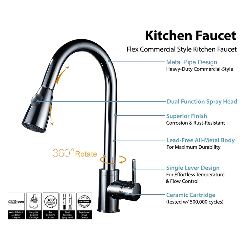 BAKALA Pull Out chrome Kitchen Faucet Sink Mixer Tap Swivel Spout Sink Faucet Swivel Copper Kitchen Faucets tap LH-8105C