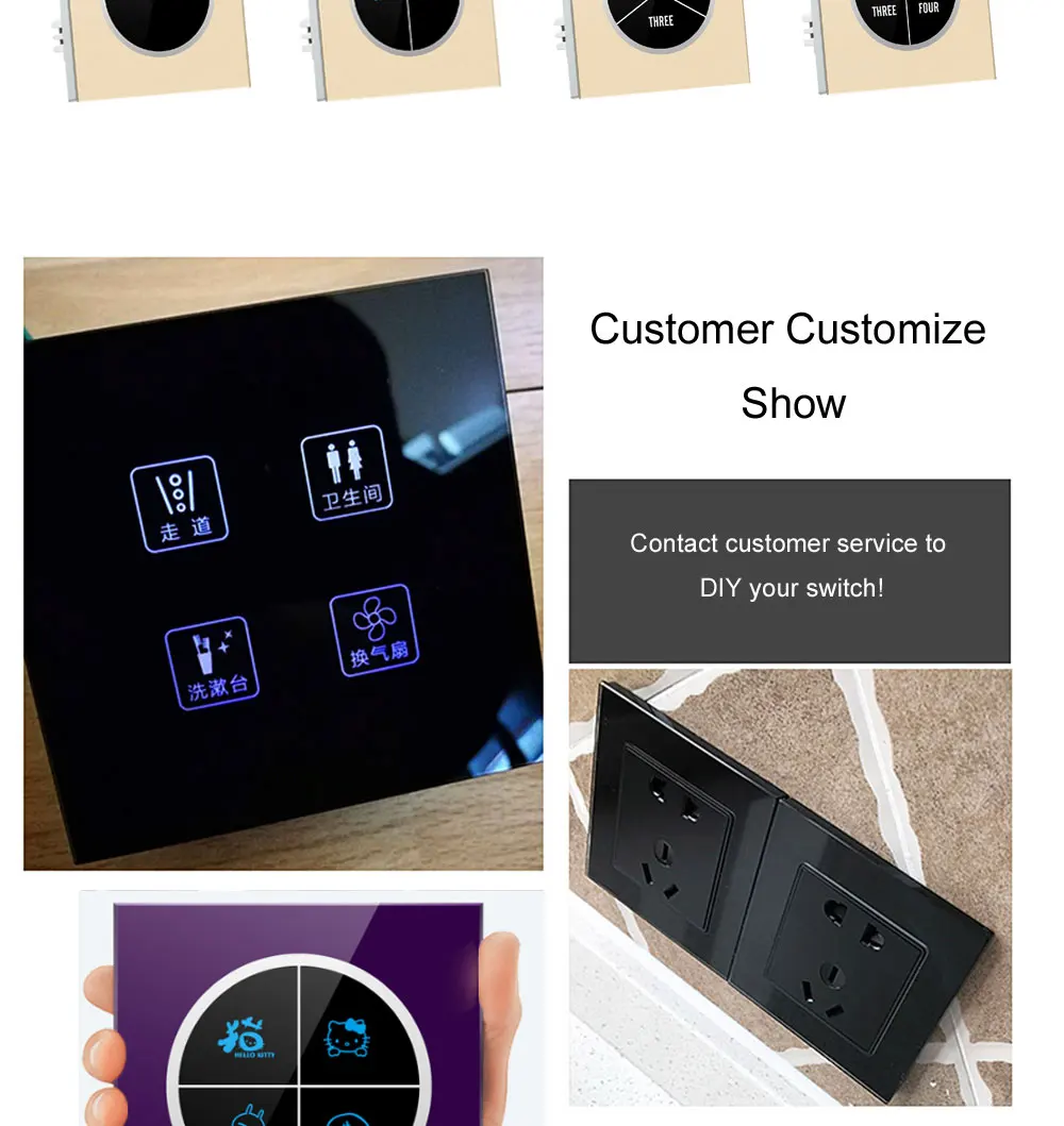 Tela de Vidro Interruptor de Luz Gangues Vias Roxo Toque Parede Logotipo Botão Design Livre 110 V250 v Micro Interruptor 4 2 9 vidro toque interruptor de luz parede logotipo