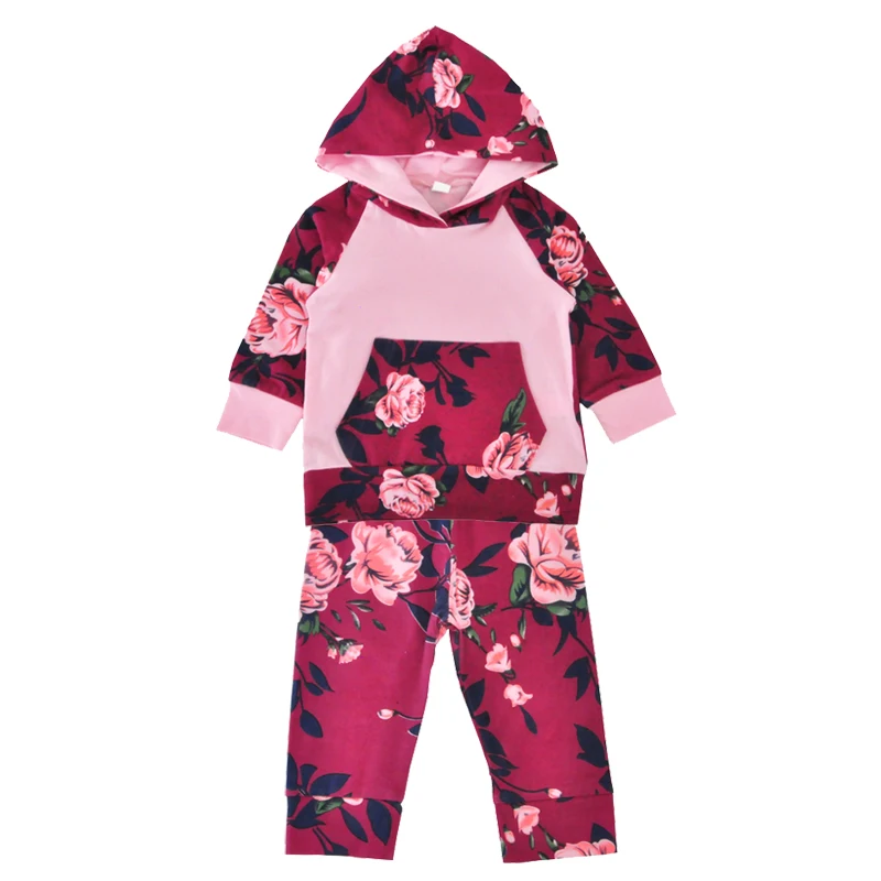 

Spring Autumn Girl Clothing Sets Boutique Flower Hooded T-shirts+Floral Pants Baby Clothes 2pcs Sports Kids Girls Clothing Set