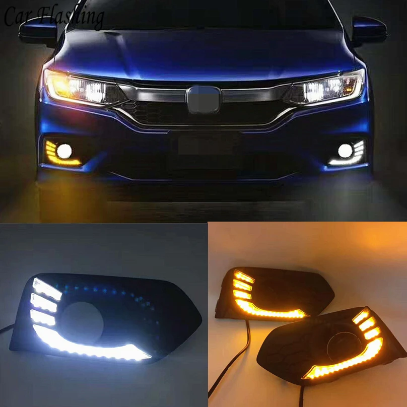 

Car Flashing LED DRL For Honda City 2017 2018 LED Daytime Running Light daylight fog lamp cover with Yellow Turning Function