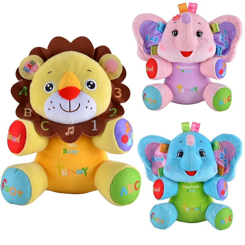 Soft Infant Baby Stuffed Animal Toys Bilingual learning Early Educational appease Music Songs Plush Lion Elephant Accompany kids