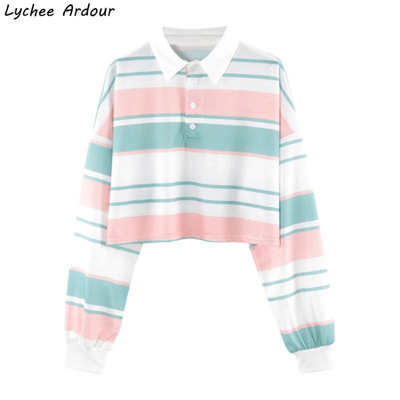

Harajuku Stripes Women Summer T Shirt Long Sleeve Turn Down Collar Tops Tees Hit Color Striped T Shirt Streetwear