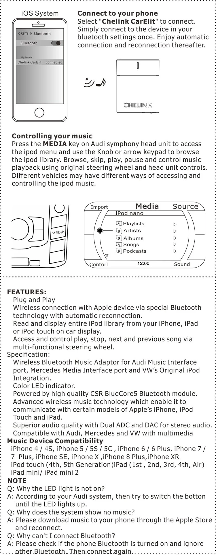 CHELINK автомобильный комплект Музыка Аудио Bluetooth беспроводной приемник для Audi и Benz подходит iPhone X 8 8Plus 7 iPad и Android