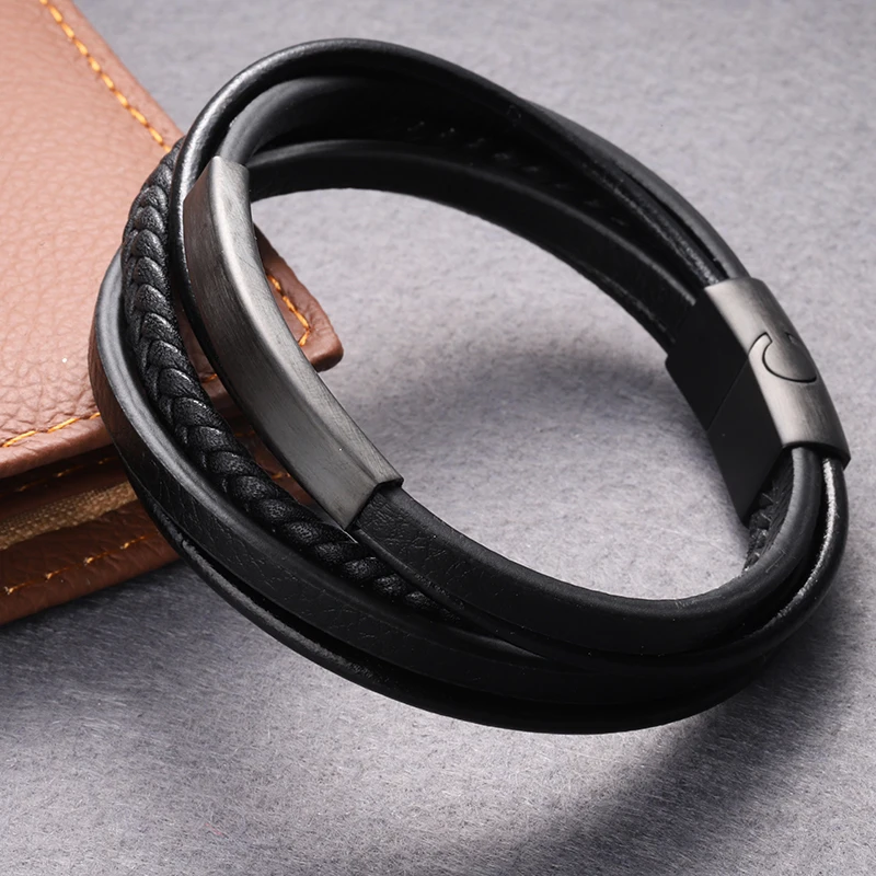 

Singreal Punk Black Stainless Steel Multi-layer Braided Leather Bracelets Bangles Chain Magnetic Buckle Gifts for Men Jewelry