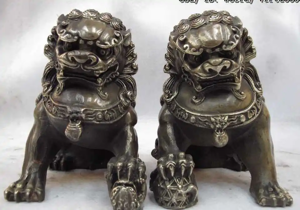 

China Copper Bronze carved Feng Shui Guardian Fu Foo Dog Kylin Lion Pair statue
