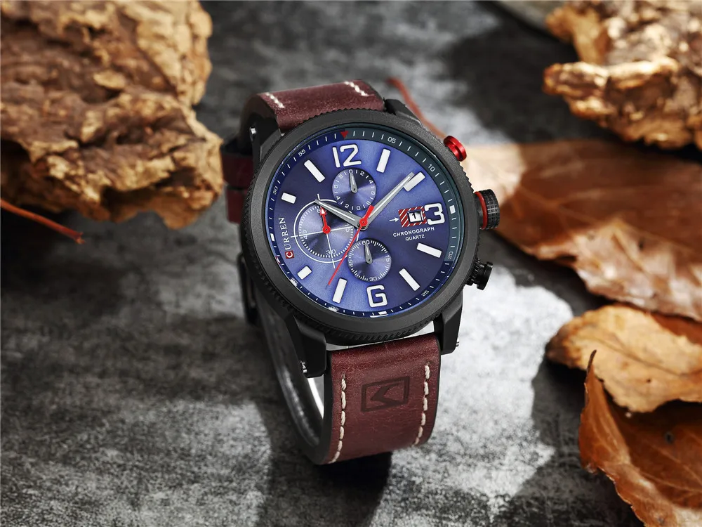 Brand New Fashion Quartz Men's Watch Chronograph Dial and Date Window Casual Business Wristwatch CURREN Leather Clock For Man