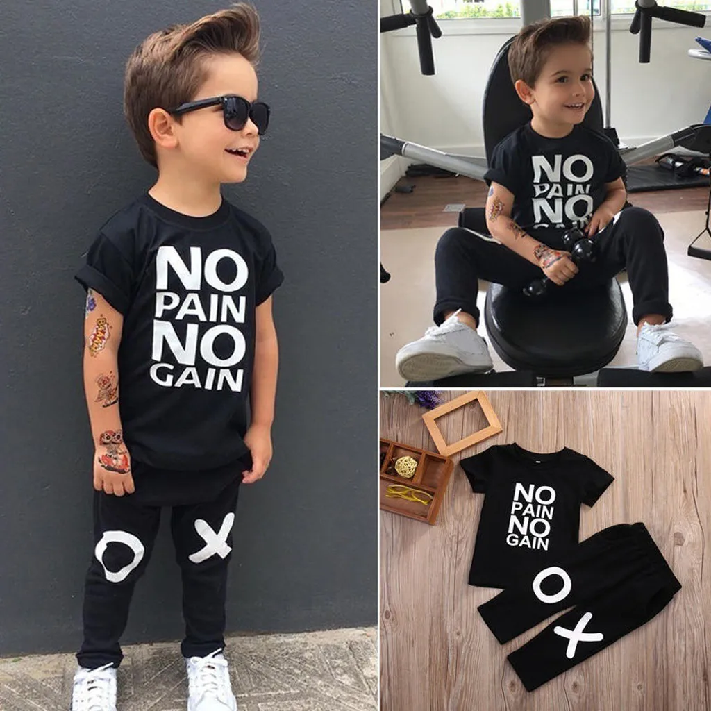 Cool Baby Boy Kids Clothes No Pain No Gain Print Tops T-shirt Short Sleeve+ Pants Casual 2pcs Outfits Set Summer Kids Clothing