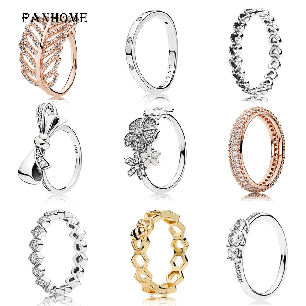

PANHOME100% Silver Bow Ring Daisy Charm Heart-shaped Ring 18K Gold Bee Original Hive Hollow Ring Geometric Zircon Rose Gold Ring