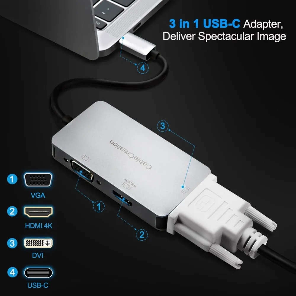 USB C к HDMI+ DVI+ VGA адаптер, кабель usb type C(совместимый Thunderbolt 3) к многопортовому UHD концентратору