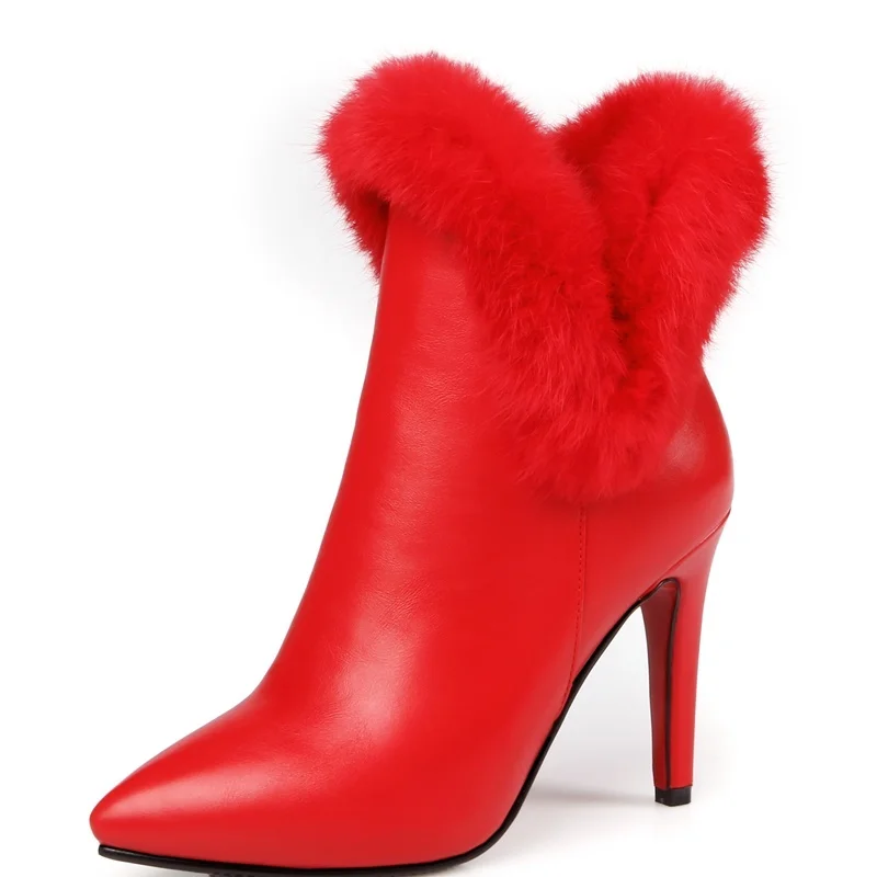 

Thin Heels 9.5 cm Pointed Toe Ladies shoes woman Feathers ankle boots pu leather Beautiful woman wedding shoes