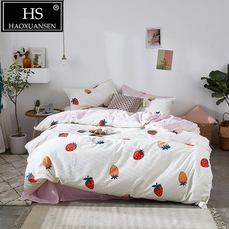 

HS Fruit Strawberry Print 3/4pcs Bedding Sets White Princess Bedclothes 100% Cotton Bed Linen Set King Queen Twin Size Bed Set