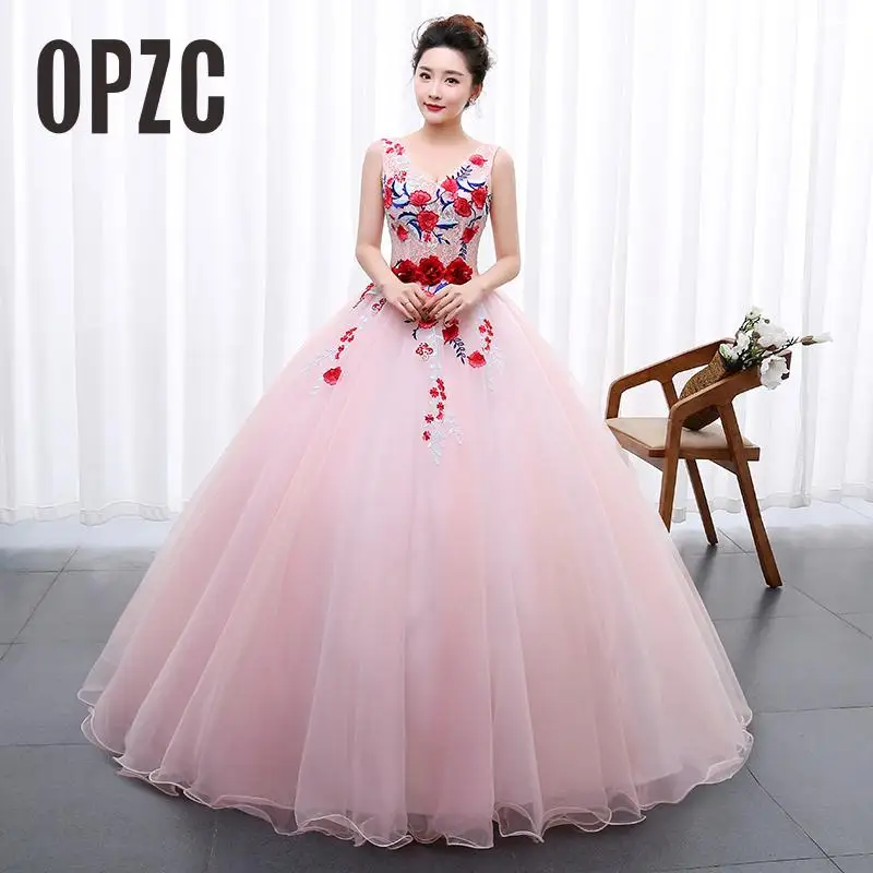 

Pink Princess Organza Hot New Summer Style Red Flower Wedding Dress 2017 Sexy V-Neck Bridal Lace Gown Vestidos De Novia