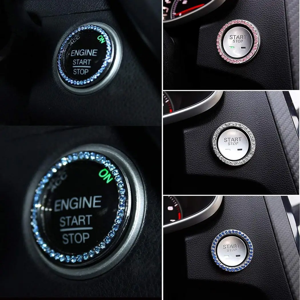 

Rhinestone Car Ignition Key Ornament Ring Auto Start Durable and easy install. Round Engine Button Decoration