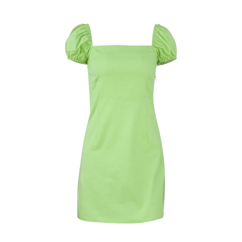 OOTN, зеленое Летнее мини-платье с квадратным воротником, ТРАПЕЦИЕВИДНОЕ Повседневное платье с коротким рукавом, женское платье с пышными рукавами, женские платья на молнии, уличная одежда