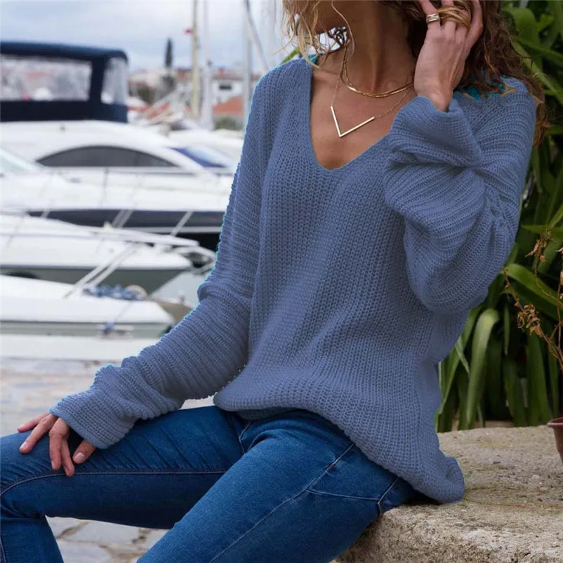 Womens Casual Long Sleeve Jumper V Neck Sweaters Blouse Tops Loose knit pullover sweater women winter clothing 2018 N06#N (1)